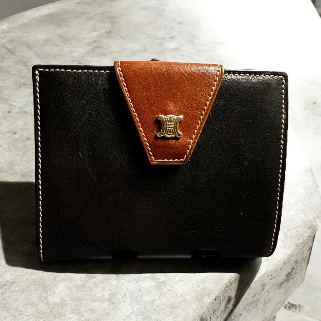 Celine Black And Brown Leather Kisslock Compact Wallet